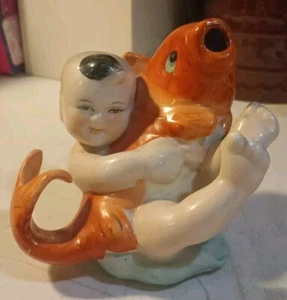 VINTAGE CHINESE BOY AND HUGE KOI FISH CATFISH PORCELAIN FIGURINE HIGH QUALITY - Picture 1 of 6