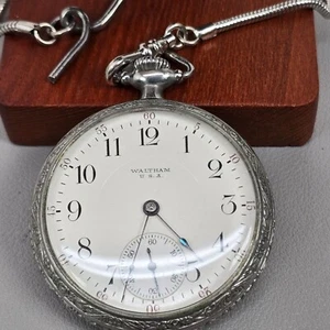 VTG 1911 Waltham 630 15 Jewel 16s Pocket Watch Silver-Tone Nickel Case & Chain - Picture 1 of 16