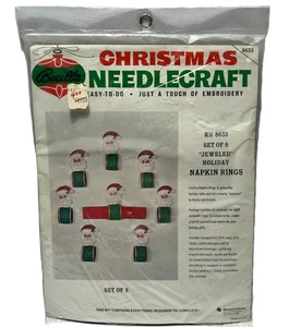 VTG Bucilla 8633 Christmas Needlecraft Embroidery Jeweled Kit Santa Napkin Rings - Picture 1 of 8