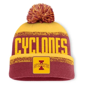 Men's Fanatics Cardinal/Gold Iowa State Cyclones Thrive Cuffed Knit Hat with Pom - Picture 1 of 2