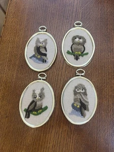 Juego De Colección De 4 Bordados Crewel Arte Enmarcado BÚHO Ovalado Colgante Decoración De Pared - Imagen 1 de 6
