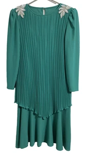 Vintage Boston Maid Dress 12 Green Pleated Iridescent Sequin Silver Bead Bling - Picture 1 of 11