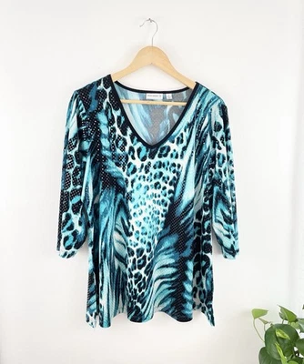 Blusa Top Para Mujer Susan Graver XL Azul Leopardo Guepardo Manga 3/4 XL Elastizada Foto 1 de 4