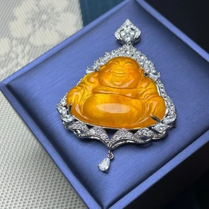 Colgante y collar de Buda tallado jadeíta amarillo hielo incrustación natural certificado - Imagen 1 de 10