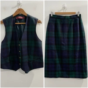 Vintage Pitlochry Vest Sz 16 & Skirt Sz 14 Set Green Plaid Wool - Picture 1 of 20