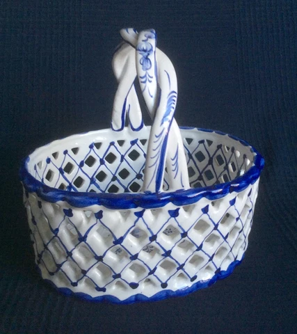 Porcelain Handled Basket Portugal Decorative Blue White [AH066] Cover