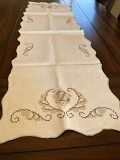Vintage Handmade Beige Cotton Table Runner W/ Brown Z Monogram Cross Stitch 