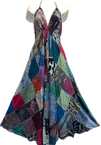 Nwt FUNKY STUFF hippy patch boho smocked A-line maxi DRESS SUNDRESS L Free ship - Picture 1 of 5