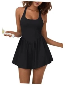 Women's Summer Athletic Tennis Dress with Built in Shorts and Bra Medium Black - Picture 1 of 7