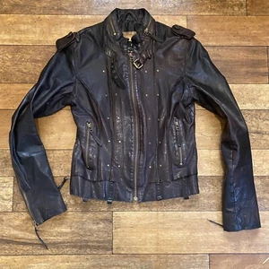 Allsaints Daria Size S 10 Studded Brown Leather Biker Moto Jacket £429 Women - Picture 1 of 24