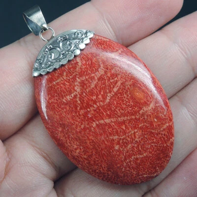 Ciondolo ovale in argento sterling 925 corallo rosso naturale gioielli fatti ... - Immagine 1 di 4