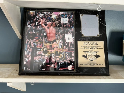 Wrestlemania Stone Cold Steve Austin Autographed plaque event used mat Cover