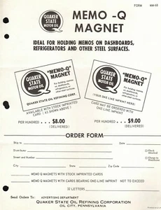 Vintage 1968 QUAKER STATE "MEMO-Q MAGNET" Jobber VERKAUFSBLATT Werbung - Bild 1 von 6