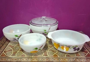 Anchor Hocking Fire King Gay Fad Peach Blossom Vintage Milk Glass Bowls Set of 4 - Picture 1 of 12