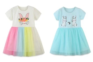 NEW Easter Sequin Bunny Girls Short Sleeve Rainbow Tutu Dress 2T 3T 4T 5T 6 7 - Picture 1 of 5