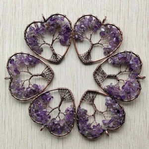 Wholesale 10pcs Natural Amethysts Stone Wire Wrapped Tree of Life Heart Pendants - Picture 1 of 3