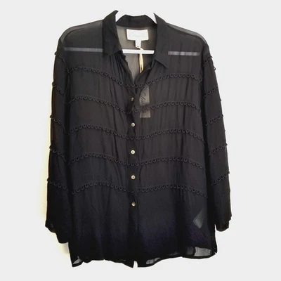 Blusa Cleobella Otoño Nueva con Etiquetas Negro Jet Semi Transparente Talla Grande Borde de Lazo en Niveles Foto 1 de 4
