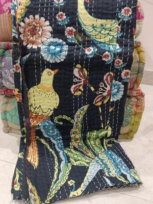 Black Kantha Quilt Cotton Indian Twin Bedspread Handmade Bedding Blanket Throw - Image 1 of 4