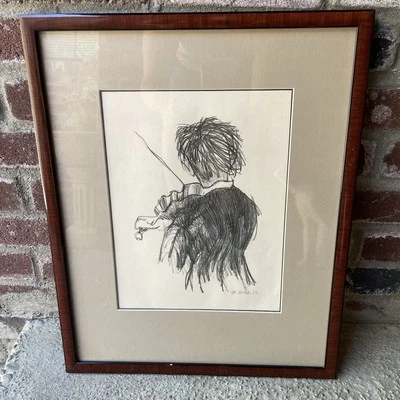 Violinista Músico Lápiz Dibujo Artista Firmado Mark Eanes 1973 Marco de Madera 17x21 Foto 1 de 4