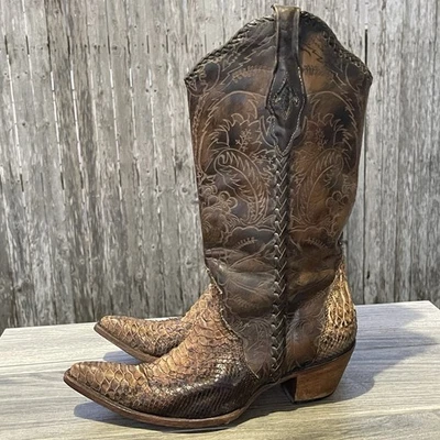 Corral Vintage Snakeskin Cowboy Boots Women 10 M Brown Embroidered Leather Snip - Image 1 of 4