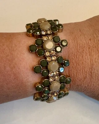 J. Crew Antique Brass Elastic Olive Green & Pink Crystal Bracelet - Image 1 of 4