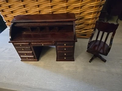 Desk - Roll Top + Chair miniature dollhouse wooden furniture  1/12 MO671/MO672 - Image 1 of 4