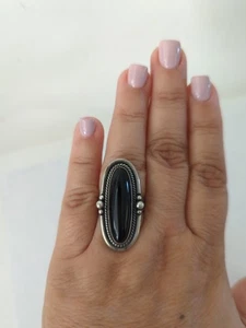 Anillo De Colección Años 80 PLATA ESTERLINA Nativo Americano NAVAJO NEGRO ÓNIX F219 - Imagen 1 de 9