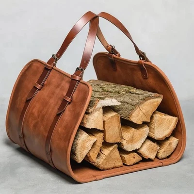 Portador de troncos de cuero, portador de leña, accesorio de chimenea de cuero, hecho a mano Foto 1 de 3