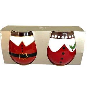 Pier 1 Imports Mr and Mrs Claus Hand Painted Stemless Glasses NIB Christmas  - Picture 1 of 6