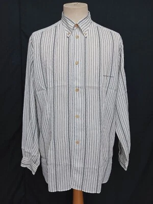 复古 Emporio Armani 纽扣白色条纹人造丝男式休闲衬衫 L/S M — 第 1/4 张图片