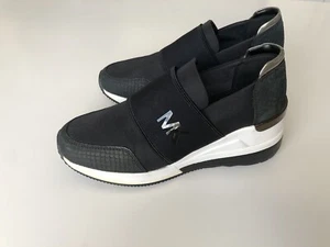Michael Kors Felix Trainer Wedge Slip On Sneakers Black Size 6M MK Logo - Picture 1 of 17