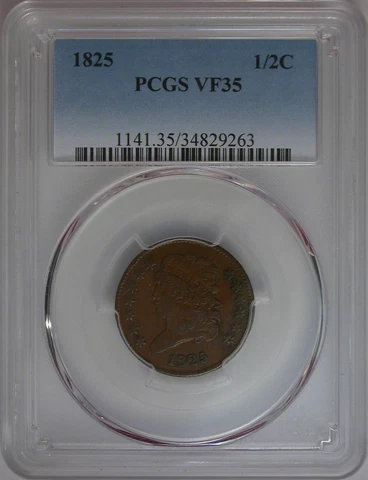 1825 Half Cent VF35 PCGS, C-1 variety not listed on the holder, nice brown color Cover