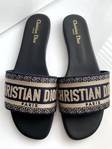 $775 Christian Dior DWAY NAVY BLUE FABRIC LEATHER Slides SANDALS SHOES 40.5 - Afbeelding 1 van 13
