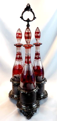 Victorian Art Glass Ruby Stained Triple Wine Decanter Set Silver Caddy c.1850 - Image 1 of 4