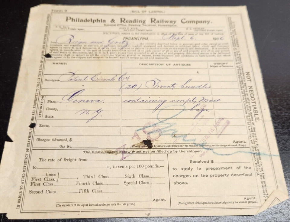 Philadelphia & Reading Railway Company Bill of Lading - September 1906 - Image 1 of 4