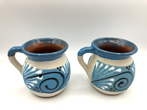 Set of 2 Folk Art Mexican Clay Pottery Mug Sandstone Jarrito Coffee Mug Cups - Picture 1 of 15