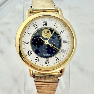 Rare Vintage Timex Ladies 28m Watch Gold Tone Moon Phase Leather Band - Working - Picture 1 of 17