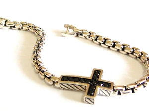DAVID YURMAN SILVER MEN'S BLACK DIAMOND CROSS BRACELET - Picture 1 of 4