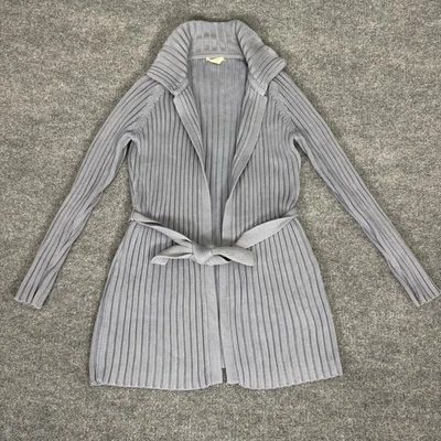 Cardigã VIntage J Crew suéter feminino XS cinza azul aberto com nervuras cinto midi anos 90 - Imagem 1 de 4