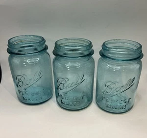 ATQ 3er Set Vintage Blue Ball Mason Pint Gläser 1910-1923 Underscore, Drooped A - Bild 1 von 5