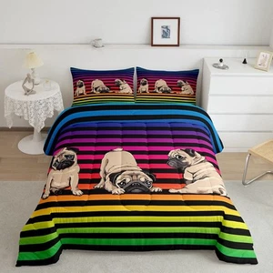 Cute Pug Dog Print Comforter Set Queen,Rainbow Stripes Quilt Set Kawaii Anima... - Picture 1 of 5