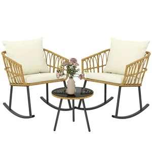 Outsunny 3 Pieces Patio Rocking Chair Patio Set w/ Cushions & Glass Top - Picture 1 of 11