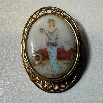 Vintage Art Deco Woman Car Brooch Pin Gold Tone Oval Art Nouveau Style - Image 1 of 3