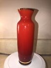 Beautiful Flame Red Cased Blown Glass Vase Gold Rim 1960's Vintage