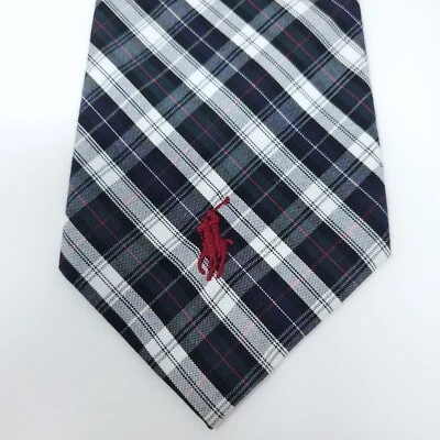 Polo Ralph Lauren Plaid 100% Cotton Tie Preppy Front Red Pony Made In USA 57”x4" - Image 1 of 3