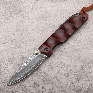 New VG10 Damascus Steel Wood Handle Camping Pocket Folding Knives EDC D7 - Picture 1 of 11