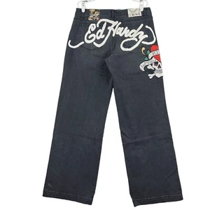 Pantalones de mezclilla negros para mujer ED HARDY Love Kills Slowly 32 bordados de pierna ancha nuevos con etiquetas - Imagen 1 de 16