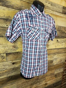 Modern Culture White Blue Red Button Up  Large Chest 44" Length 27" - Picture 1 of 7