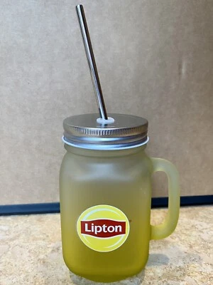 Taza de té Lipton 16 oz promoción oficial tarro de albañil con tapa y pajita de acero inoxidable Foto 1 de 4