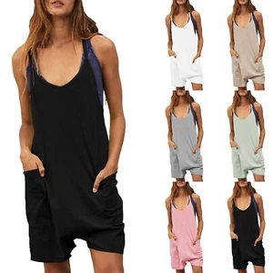 Women Casual Sleeveless Romper Loose Spaghetti Strap Shorts Jumpsuit with Pocket - Picture 1 of 38